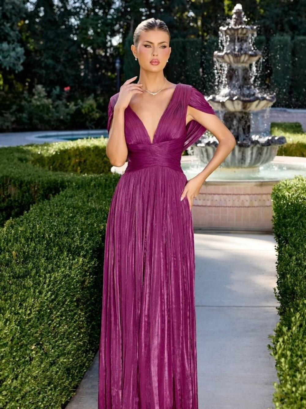New Mulberry A-Line Pleated Chiffon Bridesmaid Gown w/ Draped Cape Sleeves CD413